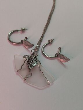 Delicate White Sea Glass Pendant Necklace with Leaf Charm - Women Jewelry